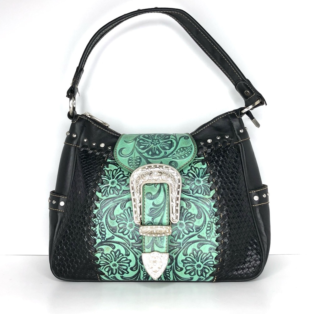 Trinity Ranch Montana West Turquoise Tooled Leather Shoulder Bag